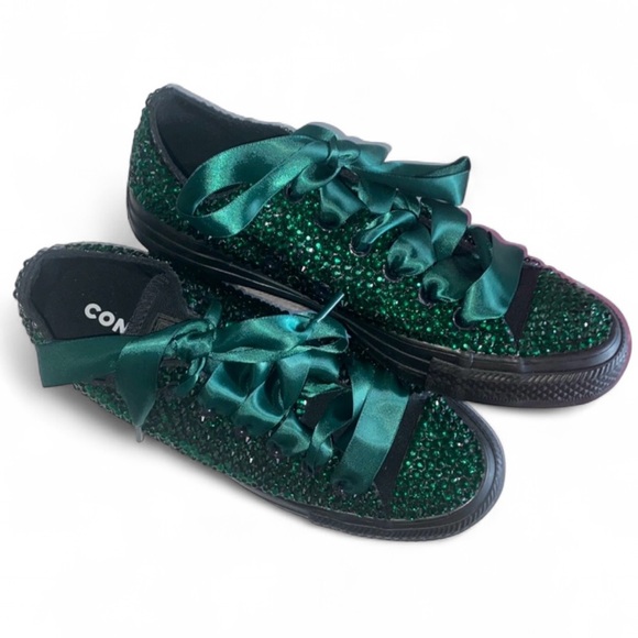 Emerald Green Crystal Low Top Converse Sizes 5-14 New In Box With Ribbon Laces - Picture 3 of 15